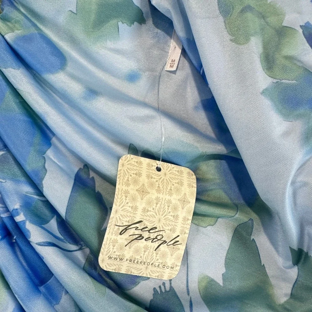 Free‎ People Aqua Combo Blue Floral Ruched Halter Maxi Dress Size M